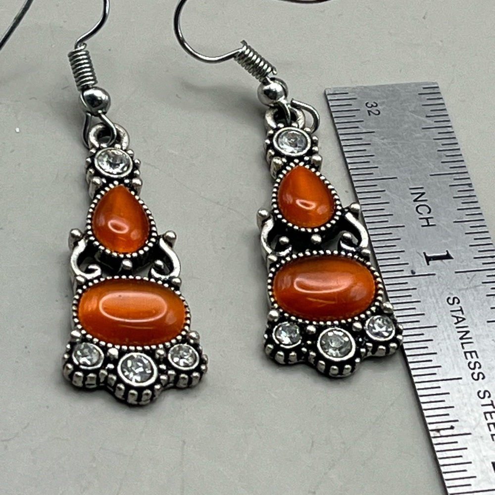 Elegant Silver Tone Orange Cabochon Dangle Earrings Rhinestone Accents - Picture 3 of 3